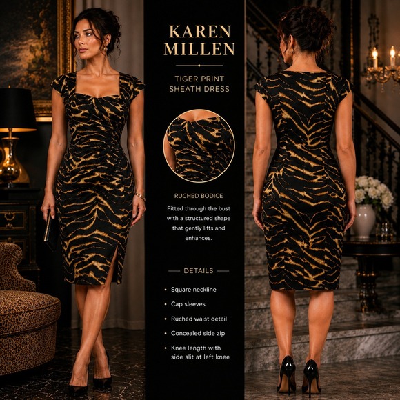 Karen Millen Dresses & Skirts - Karen Millen Tiger Print Sheath Dress US 10 UK 14 Ruched Animal Acetate Blend